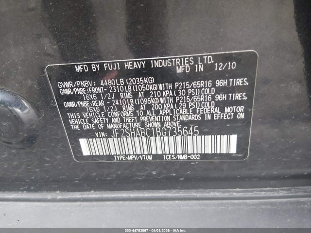 Продаж на аукціоні авто 2011 Subaru Forester 2.5x, vin: JF2SHABC1BG735645, номер лоту: 44753067