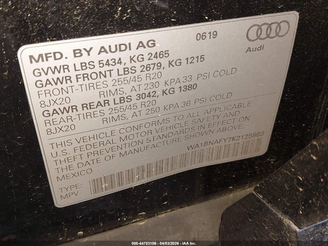 44753106 :رقم المزاد ، WA1BNAFY7K2125883 vin ، 2019 Audi Q5 45 Premium مزاد بيع