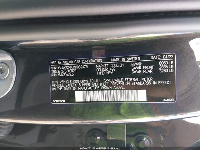 2022 Volvo Xc90 T6 Momentum 7 Passenger მანქანა იყიდება აუქციონზე, vin: YV4A22PK1N1862479, აუქციონის ნომერი: 44753108