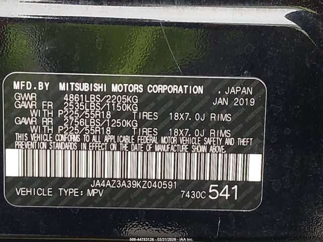 2019 MITSUBISHI OUTLANDER JA4AZ3A39KZ040591 Photo 8