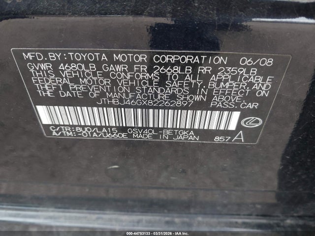 2008 Lexus Es 350 მანქანა იყიდება აუქციონზე, vin: JTHBJ46GX82262897, აუქციონის ნომერი: 44753133