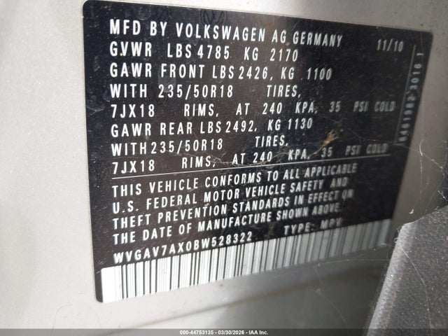 2011 Volkswagen Tiguan Se მანქანა იყიდება აუქციონზე, vin: WVGAV7AX0BW528322, აუქციონის ნომერი: 44753135