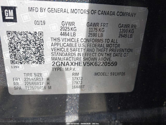 2019 Chevrolet Equinox Ls მანქანა იყიდება აუქციონზე, vin: 2GNAXHEV5K6220559, აუქციონის ნომერი: 44753143