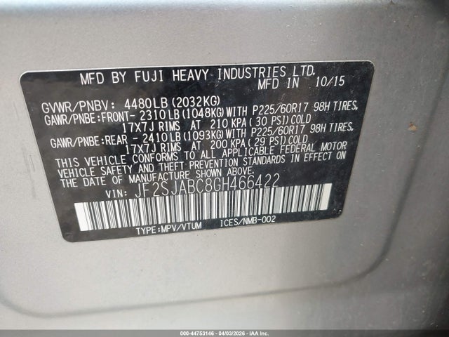 44753146 :رقم المزاد ، JF2SJABC8GH466422 vin ، 2016 Subaru Forester 2.5i مزاد بيع