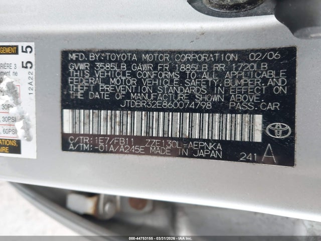 Aukcja sprzedaży 2006 Toyota Corolla Le, vin: JTDBR32E860074798, numer aukcji: 44753155