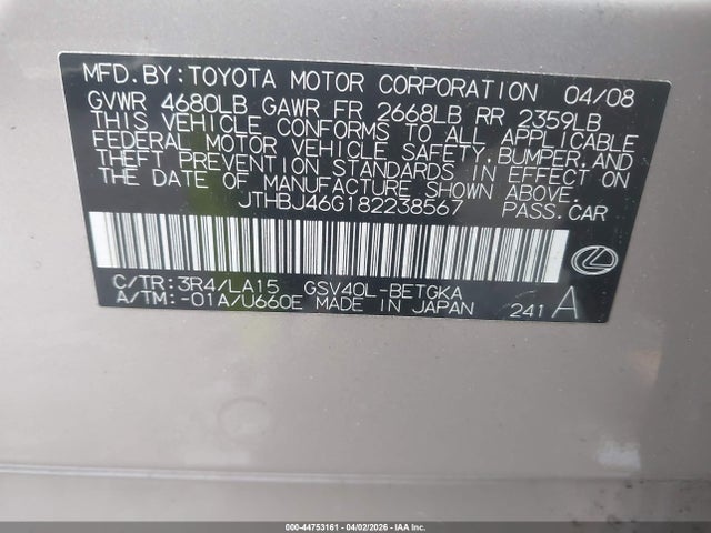 44753161 :رقم المزاد ، JTHBJ46G182238567 vin ، 2008 Lexus Es 350 مزاد بيع