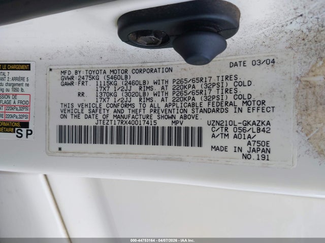 Продаж на аукціоні авто 2004 Toyota 4runner Limited V8, vin: JTEZT17RX40017415, номер лоту: 44753164