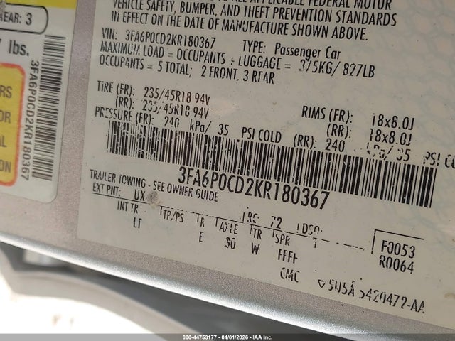 2019 Ford Fusion Sel მანქანა იყიდება აუქციონზე, vin: 3FA6P0CD2KR180367, აუქციონის ნომერი: 44753177