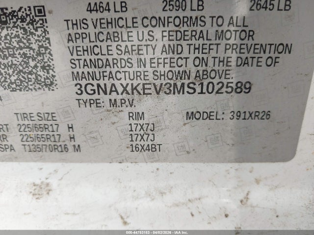 Продаж на аукціоні авто 2021 Chevrolet Equinox Fwd Lt, vin: 3GNAXKEV3MS102589, номер лоту: 44753183