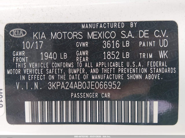 Продажа на аукционе авто 2018 Kia Rio S, vin: 3KPA24AB0JE066952, номер лота: 44753193