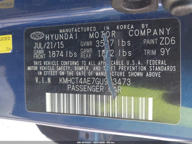 2016 Hyundai Accent Se მანქანა იყიდება აუქციონზე, vin: KMHCT4AE7GU983473, აუქციონის ნომერი: 44753221