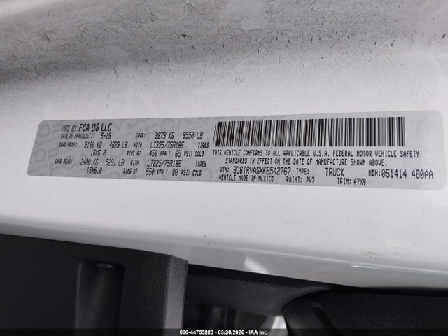 44753223 :رقم المزاد ، 3C6TRVAGXKE542767 vin ، 2019 Ram Promaster 1500 Low Roof 136 Wb مزاد بيع