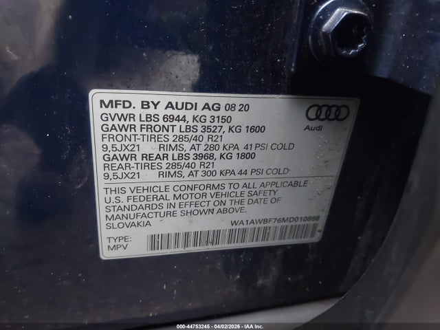 Продажа на аукционе авто 2021 Audi Sq7 Premium Plus Tfsi Quattro Tiptronic, vin: WA1AWBF76MD010866, номер лота: 44753245