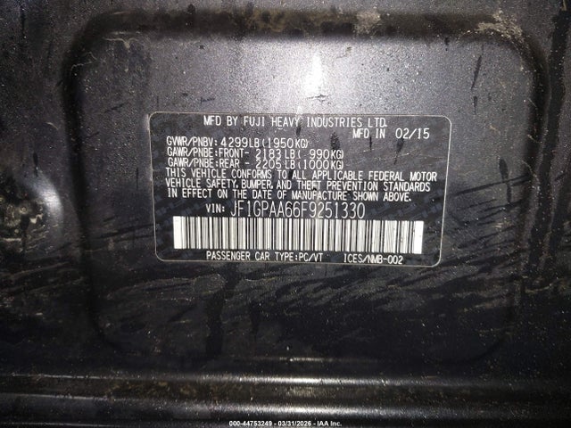 44753249 :رقم المزاد ، JF1GPAA66F9251330 vin ، 2015 Subaru Impreza 2.0i مزاد بيع