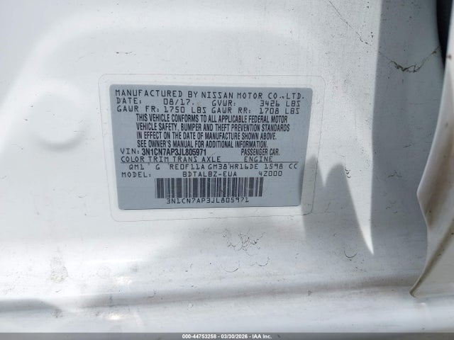 3N1CN7AP3JL805971 Nissan Versa 1.6 Sv