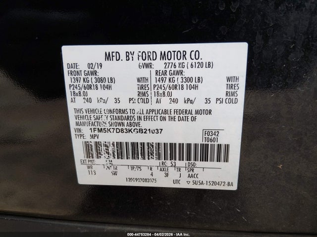 1FM5K7D83KGB21037 Ford EXPLORER XLT