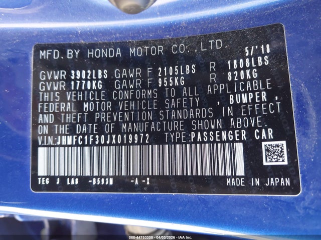 Honda Civic Ex-t 2018 JHMFC1F30JX019972 Image 9