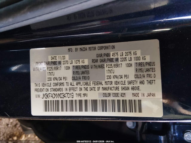 44753312 :رقم المزاد ، JM3KFACMXM0347019 vin ، 2021 Mazda Cx-5 Touring مزاد بيع