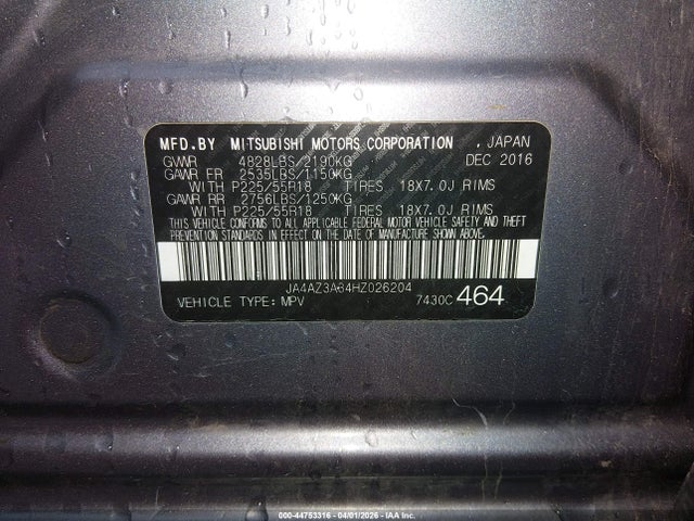 44753316 :رقم المزاد ، JA4AZ3A34HZ026204 vin ، 2017 Mitsubishi Outlander Se مزاد بيع