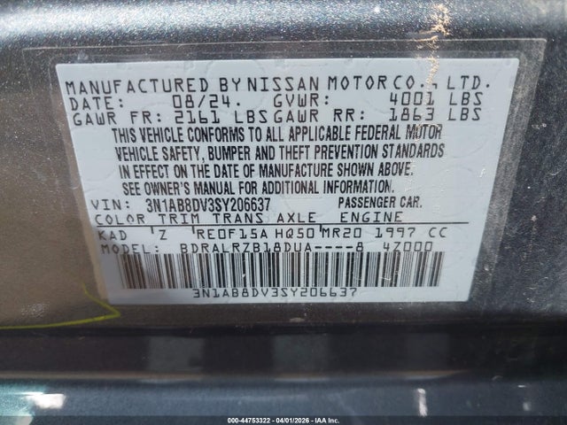 2025 Nissan Sentra Sr მანქანა იყიდება აუქციონზე, vin: 3N1AB8DV3SY206637, აუქციონის ნომერი: 44753322