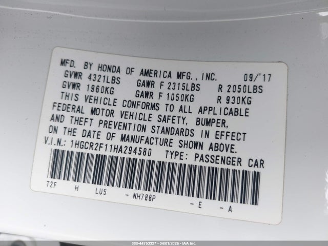 2017 Honda Accord Sport Se მანქანა იყიდება აუქციონზე, vin: 1HGCR2F11HA294580, აუქციონის ნომერი: 44753327