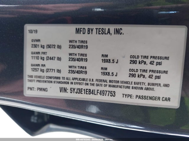 Aukcja sprzedaży 2020 Tesla Model 3 Long Range Dual Motor All-wheel Drive, vin: 5YJ3E1EB4LF497753, numer aukcji: 44753343