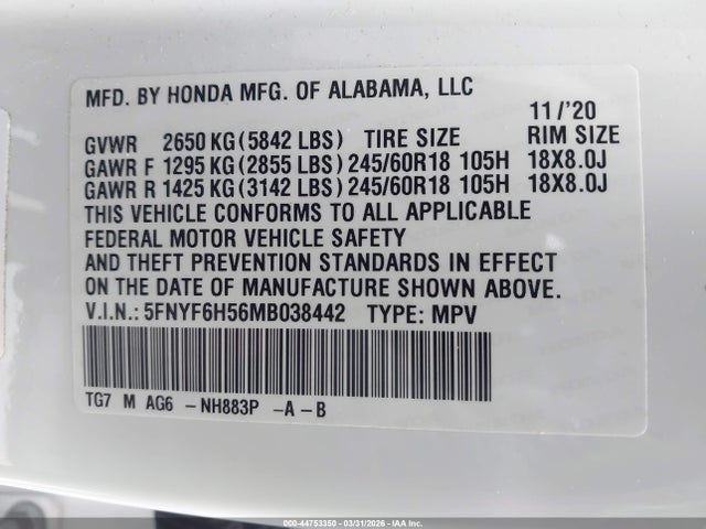 Продажа на аукционе авто 2021 Honda Pilot Awd Ex-l, vin: 5FNYF6H56MB038442, номер лота: 44753350