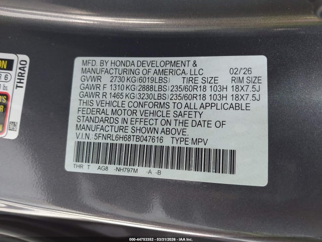 Honda Odyssey Ex-l 2026 5FNRL6H68TB047616 Image 9
