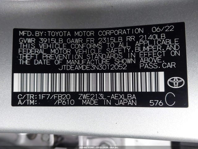 JTDEAMDE3N3012052 Toyota Corolla Hybrid Le