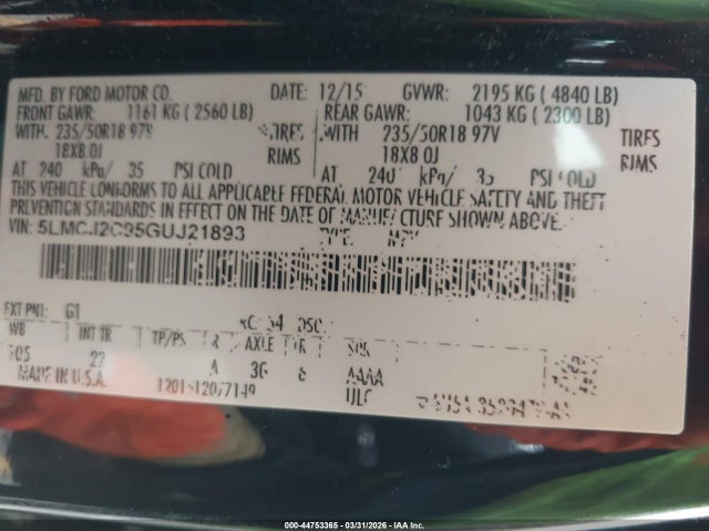 44753365 :رقم المزاد ، 5LMCJ2C95GUJ21893 vin ، 2016 Lincoln Mkc Select مزاد بيع
