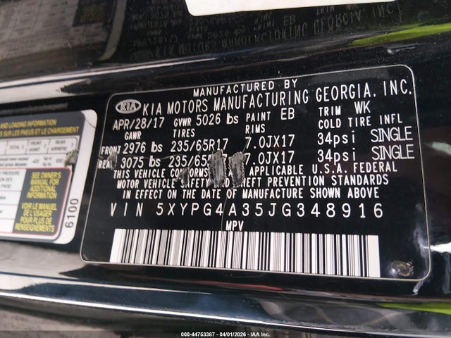 Продажа на аукционе авто 2018 Kia Sorento 2.4l Lx, vin: 5XYPG4A35JG348916, номер лота: 44753387