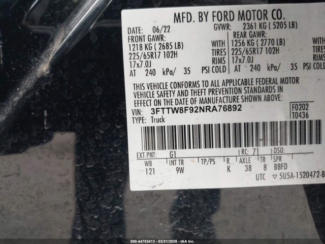 2022 Ford Maverick Xl მანქანა იყიდება აუქციონზე, vin: 3FTTW8F92NRA76892, აუქციონის ნომერი: 44753413