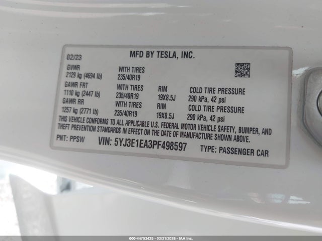 44753425 :رقم المزاد ، 5YJ3E1EA3PF498597 vin ، 2023 Tesla Model 3 Rear-wheel Drive مزاد بيع