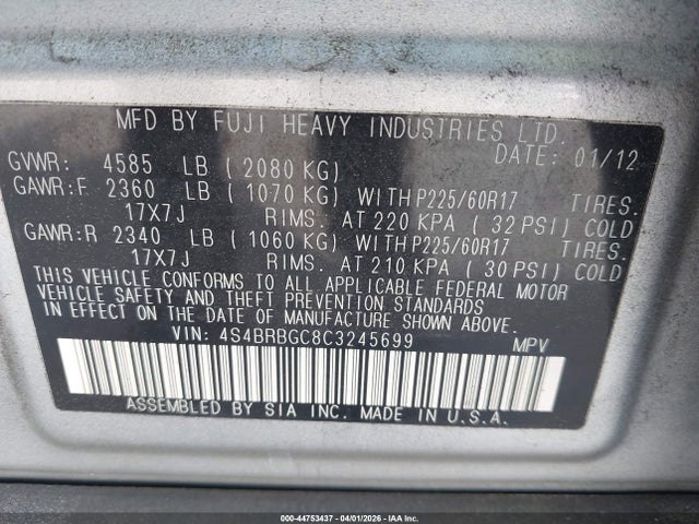 2012 Subaru Outback 2.5i Premium მანქანა იყიდება აუქციონზე, vin: 4S4BRBGC8C3245699, აუქციონის ნომერი: 44753437
