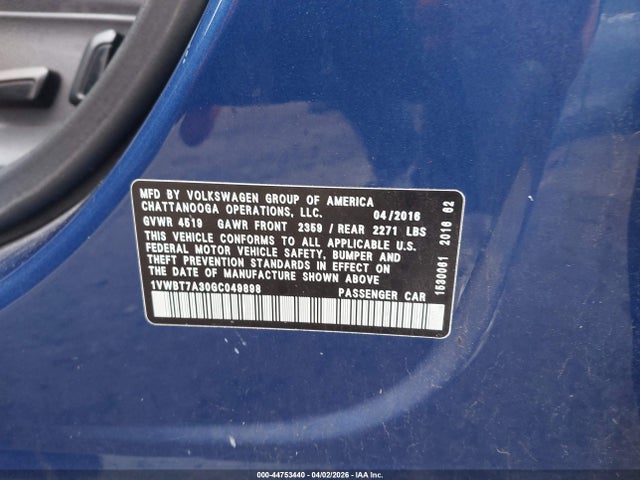 Продаж на аукціоні авто 2016 Volkswagen Passat 1.8t Se, vin: 1VWBT7A30GC049898, номер лоту: 44753440