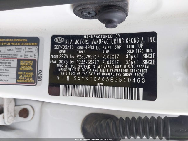 2014 Kia Sorento Lx მანქანა იყიდება აუქციონზე, vin: 5XYKTCA65EG510463, აუქციონის ნომერი: 44753449