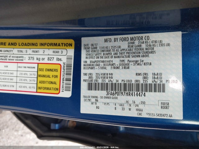 2017 FORD FUSION 3FA6P0T97HR414474 Photo 8