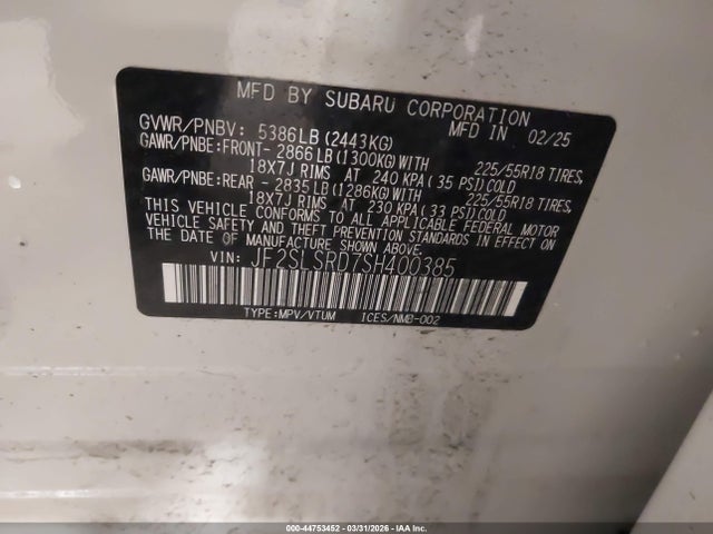 44753452 :رقم المزاد ، JF2SLSRD7SH400385 vin ، 2025 Subaru Forester Limited Hybrid مزاد بيع