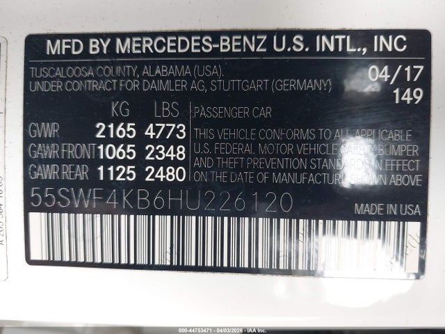 Aukcja sprzedaży 2017 Mercedes-benz C 300 4matic, vin: 55SWF4KB6HU226120, numer aukcji: 44753471