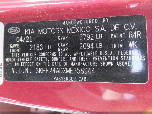 3KPF24ADXME358944 KIA Forte Lxs