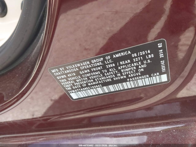 Продаж на аукціоні авто 2014 Volkswagen Passat 1.8t Wolfsburg Edition, vin: 1VWAT7A36EC103942, номер лоту: 44753482