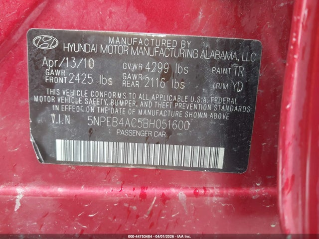 44753484 :رقم المزاد ، 5NPEB4AC5BH051600 vin ، 2011 Hyundai Sonata Gls مزاد بيع