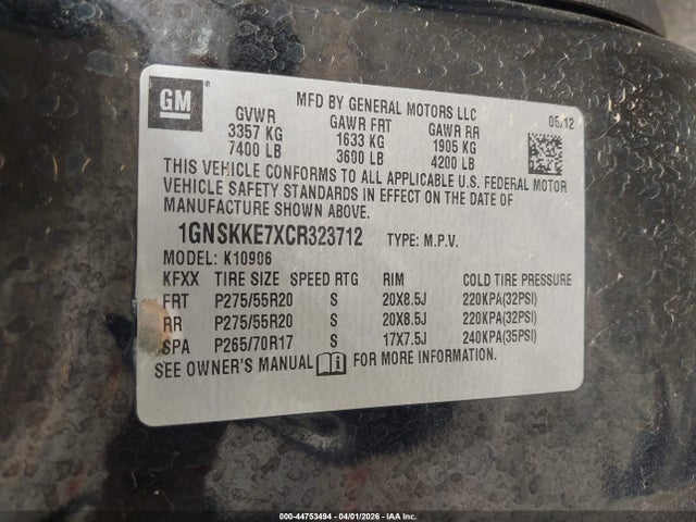 Aukcja sprzedaży 2012 Chevrolet Suburban 1500 Ltz, vin: 1GNSKKE7XCR323712, numer aukcji: 44753494