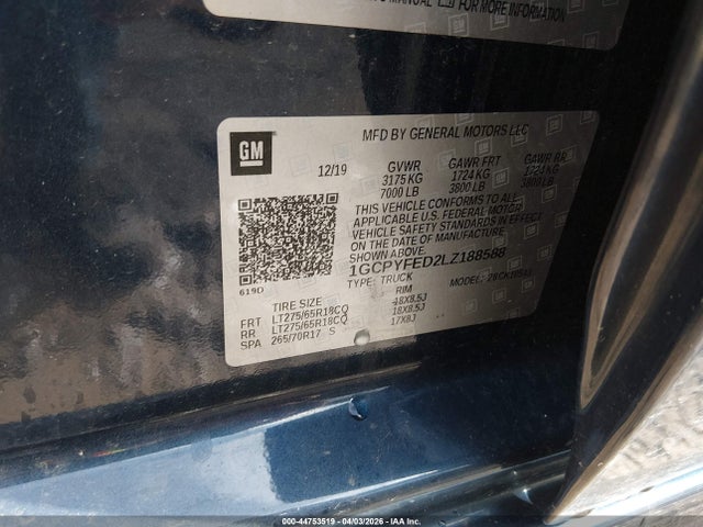 Aukcja sprzedaży 2020 Chevrolet Silverado 1500 4wd  Short Bed Lt Trail Boss, vin: 1GCPYFED2LZ188588, numer aukcji: 44753519