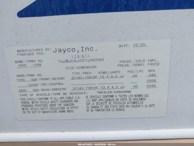 2005 Jayco Jay Feather მანქანა იყიდება აუქციონზე, vin: 1UJBJ02J051JH0593, აუქციონის ნომერი: 44753522