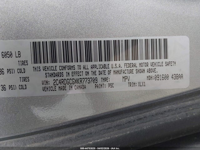 Aukcja sprzedaży 2019 Dodge Grand Caravan Sxt, vin: 2C4RDGCGXKR773709, numer aukcji: 44753525