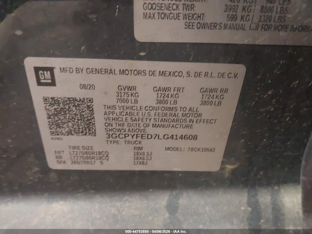 44753558 :رقم المزاد ، 3GCPYFED7LG414608 vin ، 2020 Chevrolet Silverado 1500 4wd  Short Bed Lt Trail Boss مزاد بيع