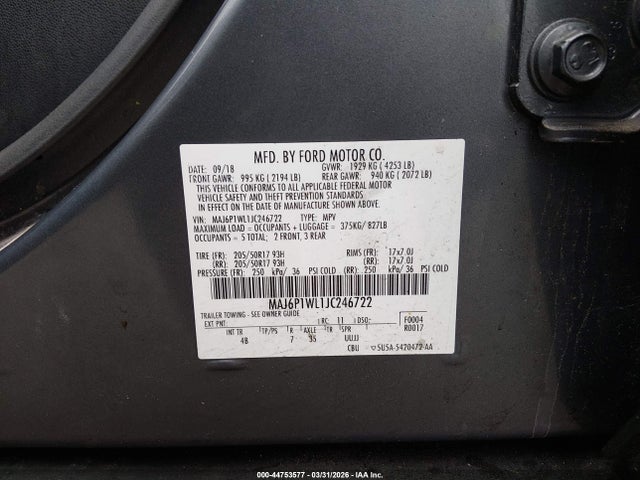 2018 Ford Ecosport Titanium მანქანა იყიდება აუქციონზე, vin: MAJ6P1WL1JC246722, აუქციონის ნომერი: 44753577