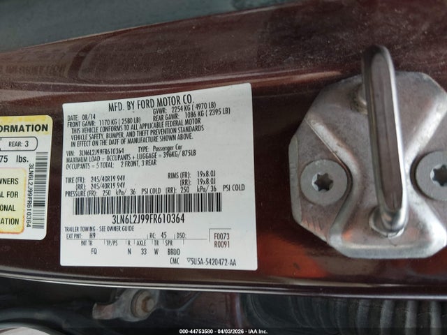 44753580 :رقم المزاد ، 3LN6L2J99FR610364 vin ، 2015 Lincoln Mkz مزاد بيع