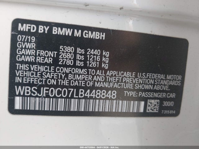 Продаж на аукціоні авто 2020 Bmw M5 Competition, vin: WBSJF0C07LB448848, номер лоту: 44753584